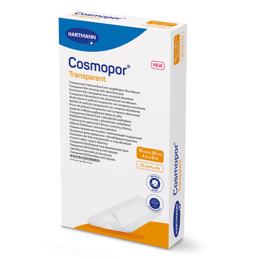 Cosmopor Transparant, transparant folieverband met absorberende laag, steriel, 10 x 20 cm, 15 st.