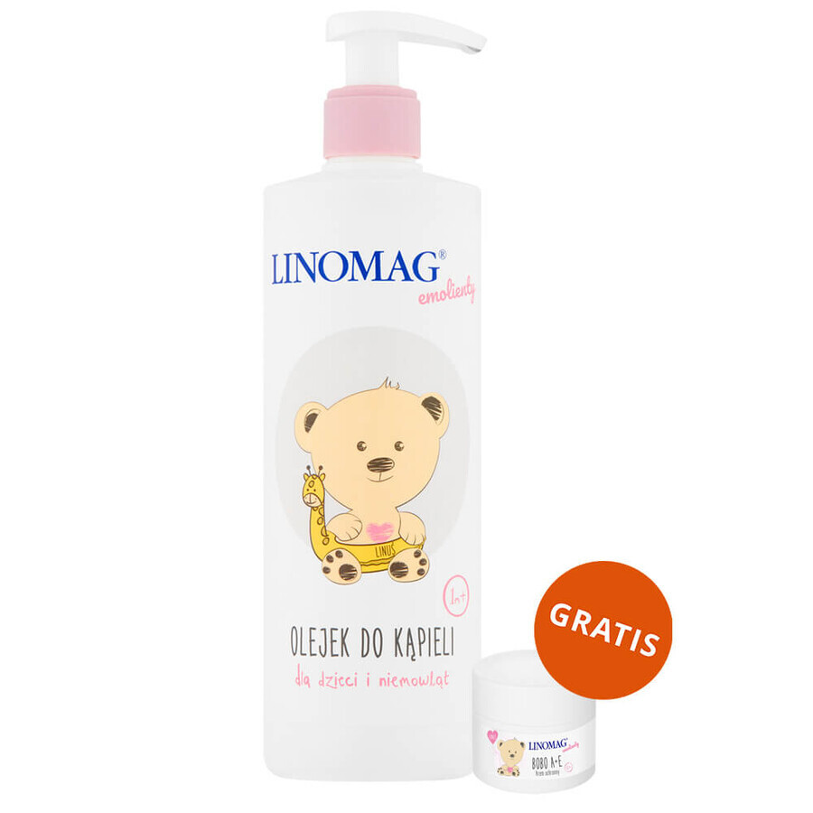 Linomag Emolients, ulei de baie pentru bebeluși și copii de la 1 lună, 400 ml + cremă de protecție, 15 ml gratuit