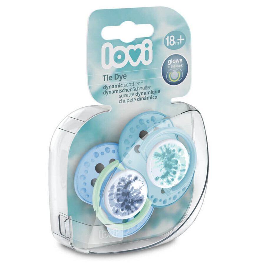 Lovi, dummy, silicone, dynamic, glow in the dark, Tie Dye, blue, Boy, 22/920, from 18 months, 2 pieces