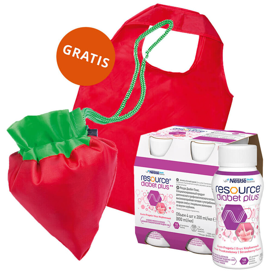 Resource Diabetes Plus, Aardbeiensmaak, 4 x 200 ml + Gratis boodschappentasje