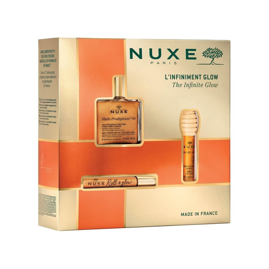 Nuxe Glow Huile Prodigieuse Or set, roll-on olie, 8 ml + lip olie, 10 ml + droge olie, 50 ml