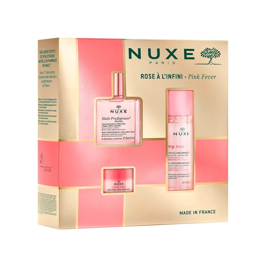 Nuxe Bestsellers set Huile Prodigieuse Florale, droge olie, 50 ml + verzachtend 3-in-1 micellair water, 100 ml + rozen lippenbalsem, 15 g