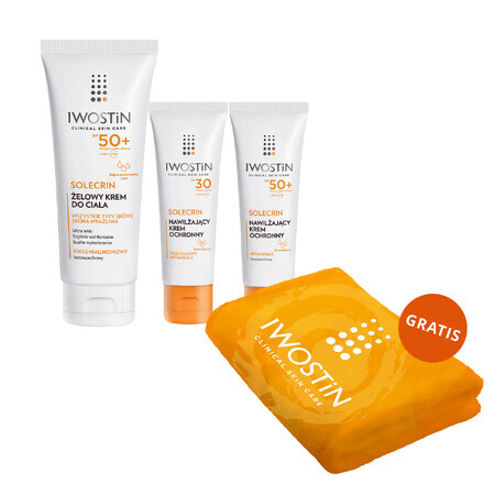 Iwostin Solecrin set, beschermingscrème, SPF 50+, 50 ml + beschermingscrème, SPF 30, 50 ml + bodycrème gel, SPF 50+, 200 ml + gratis badhanddoek