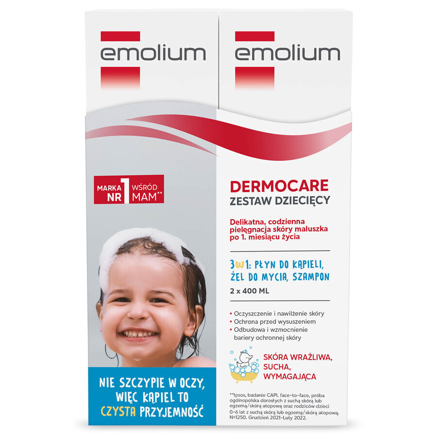 Emolium Dermocare 3 in 1 set, badlotion, wasgel, shampoo, 2 x 400 ml + beschermende spray voor kinderen vanaf 1 jaar, SPF 50+, 175 ml + gratis handdoek