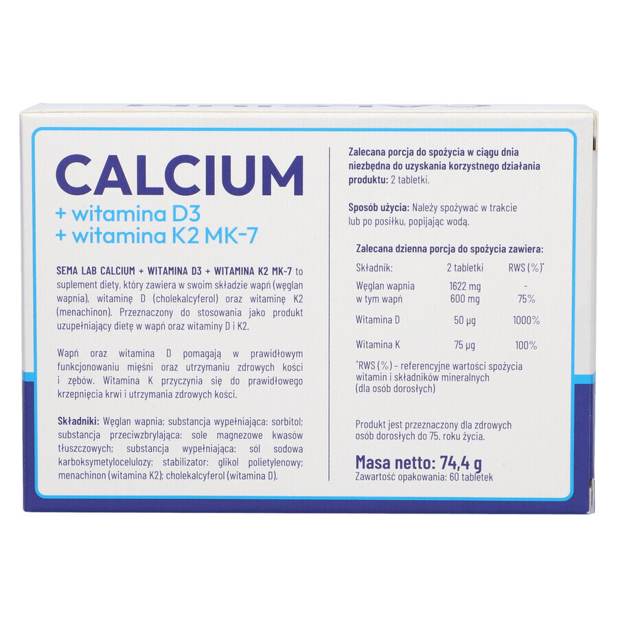 SEMA Lab Calcium + vitamin D3 + vitamin K2 MK-7, 60 hard tablets