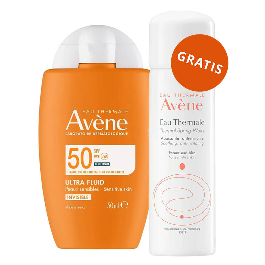 Avene Ultra Fluid Invisible, onzichtbare gezichtszonnebrandcrème, gevoelige huid, SPF 50+, 50 ml + thermaal bronwater, 50 ml gratis