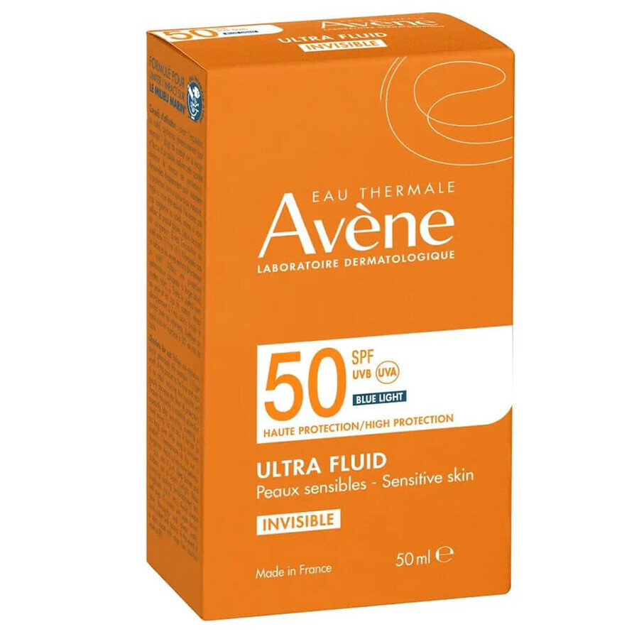 Avene Ultra Fluid Invisible, onzichtbare gezichtszonnebrandcrème, gevoelige huid, SPF 50+, 50 ml + thermaal bronwater, 50 ml gratis