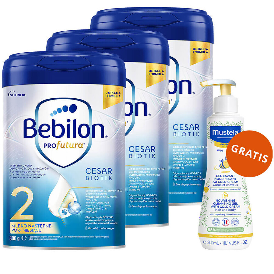 Set Bebilon Profutura Profutura CesarBiotik 2, follow-on milk, after 6 months, 3 x 800 g + Mustela Bebe Enfant, nourishing wash gel, 300 ml free of charge