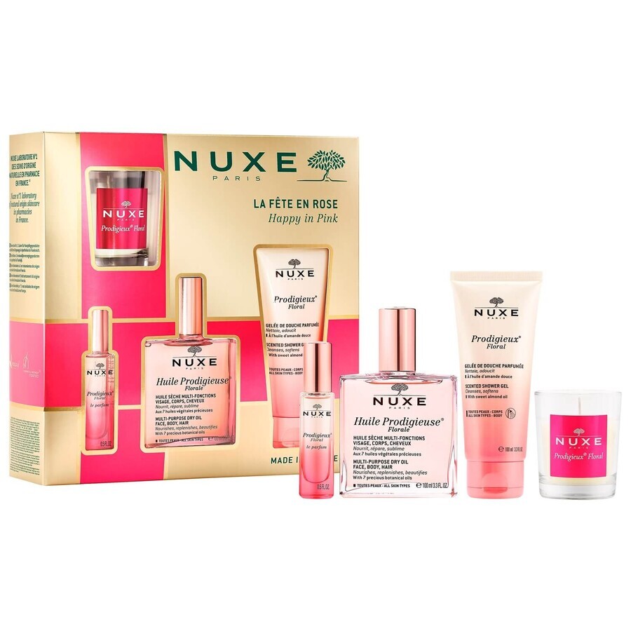 Nuxe Prodigieuse Floral Cult Set, droge olie, 50 ml + douchegel, 100 ml + parfum, 15 ml + geurkaars, 70 g