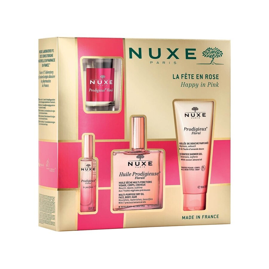 Nuxe Prodigieuse Floral Cult Set, droge olie, 50 ml + douchegel, 100 ml + parfum, 15 ml + geurkaars, 70 g