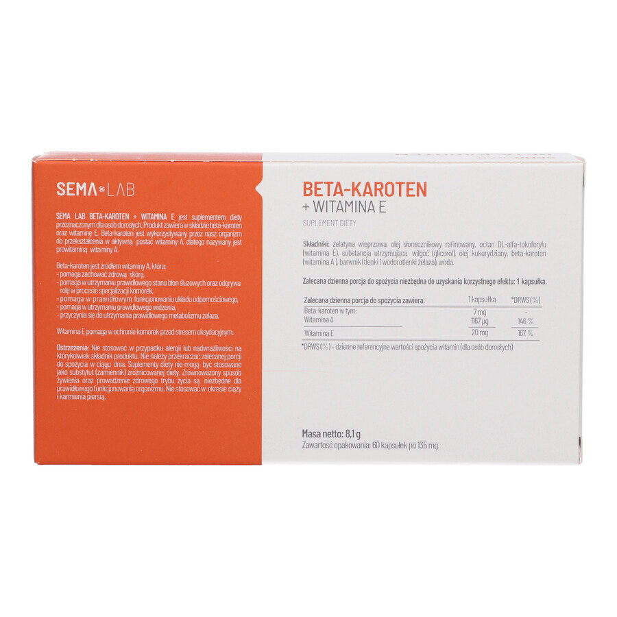 SEMA Lab Bètacaroteen + vitamine E, 60 softgels