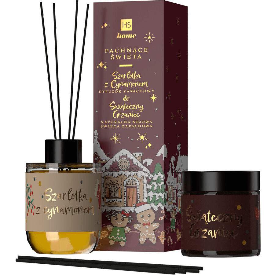 HiSkin Geurende Kerst Set, Soya Kaars, Kerstmis Verwarmend, 100 ml + diffuser stick, Appel Kaneel Taart, 80 ml