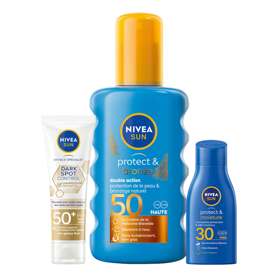 Nivea Sun Luminous 630 set, vloeibare gezichtszonnebrandcrème, SPF 50+, 50 ml + spray tanning lotion, SPF 50, 200 ml + tanning lotion, SPF 30, 30 ml gratis