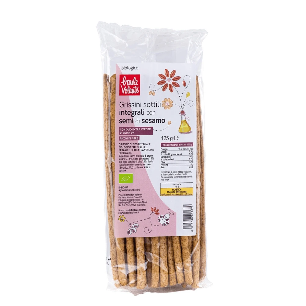 Biologische volkoren broodstengels met sesam en extra vierge olijfolie, 125 g, Baule Volante