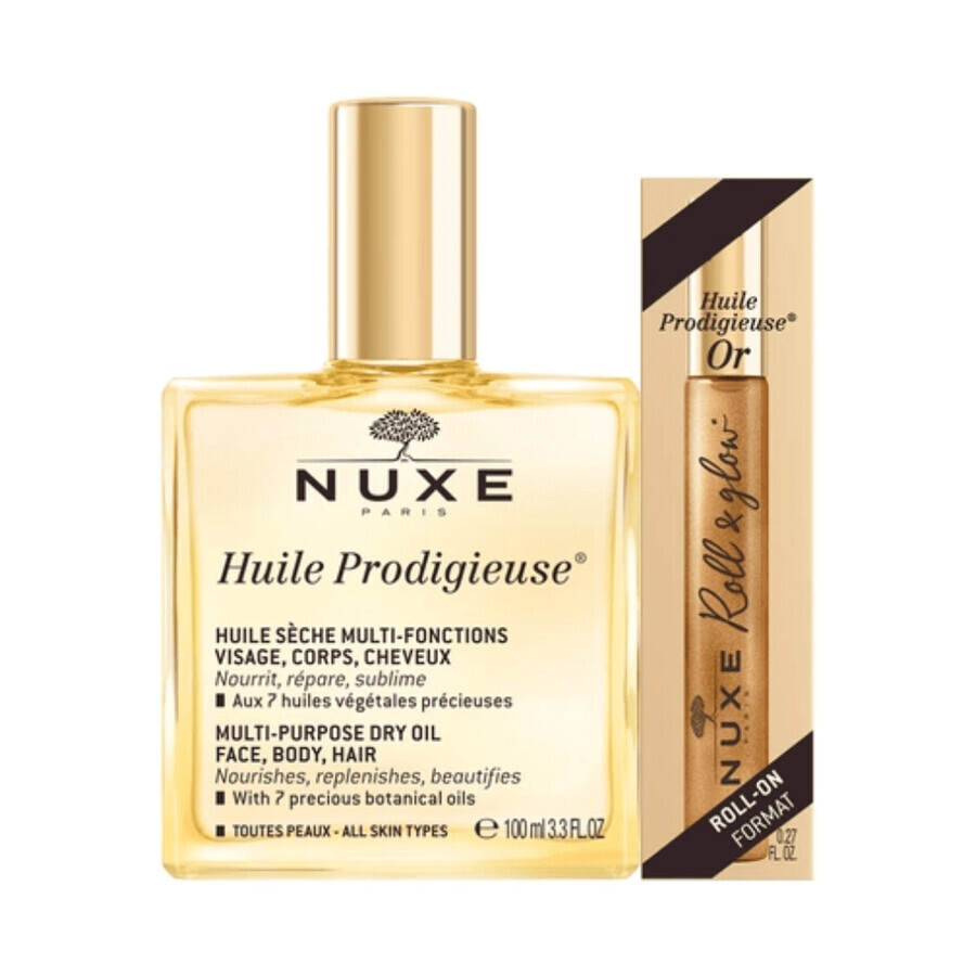 Face, body and hair oil 100ml + Roll On for face and décolleté 8 ml Huile Prodigieuse, Nuxe