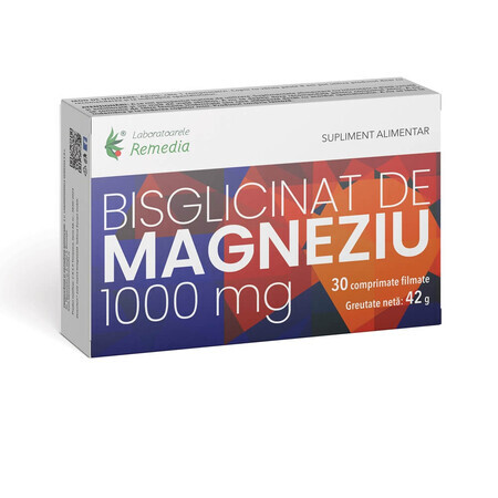 Bisglycinate de magnésium, 1000 mg, 30 comprimés, Laboratoires Remedia