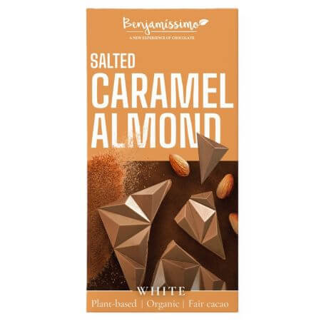 Organic white chocolate with almonds and salted caramel, 60 g, Benjamisimo