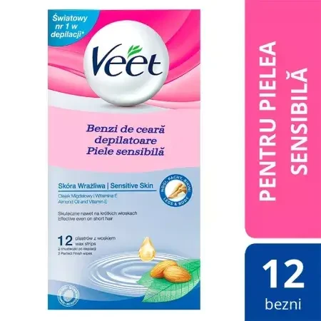 Cold wax depilatory strips for sensitive skin, 12 pieces, Veet