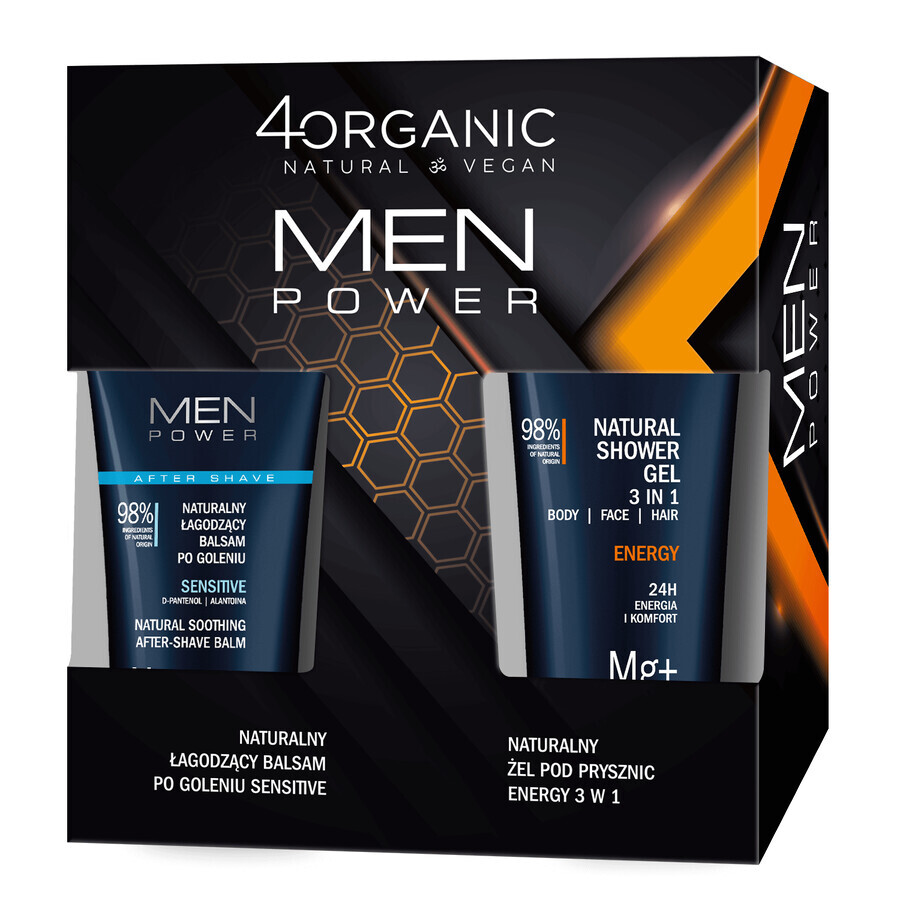 4Organic Men Power set, verzachtende aftershavebalsem, Sensitive, 150 ml + douchegel, Energy, 250 ml