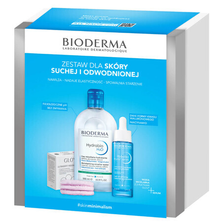 Set Bioderma Hydrabio, Hyalu+, serum, 30 ml + H2O, micellaire vloeistof, 500 ml + glov, cosmetische pads, 3 stuks