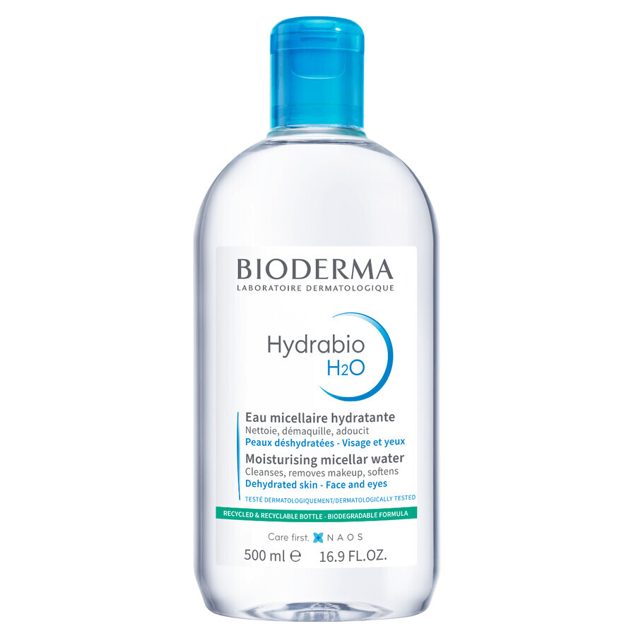 Set Bioderma Hydrabio, Hyalu+, serum, 30 ml + H2O, micellaire vloeistof, 500 ml + glov, cosmetische pads, 3 stuks