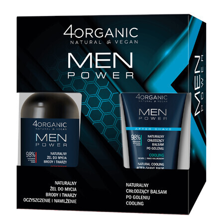 4Organic Men Power set, reinigingsgel voor baard en gezicht, 200 ml + verfrissende aftershavebalsem, verfrissend, 150 ml