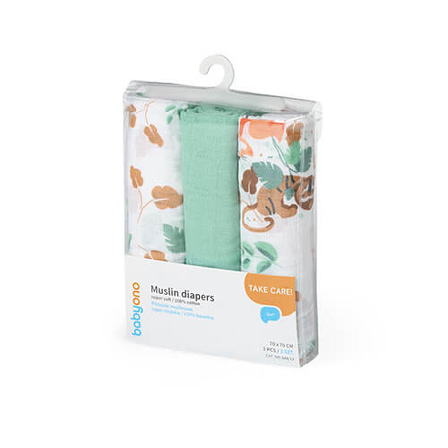 BabyOno, muslin diapers, 100% cotton, green, 70 x 70 cm, 3 pcs