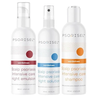 Verdelove Psorisel set per la psoriasi del cuoio capelluto, shampoo 200 ml + emulsione 200 ml + liquido 150 ml