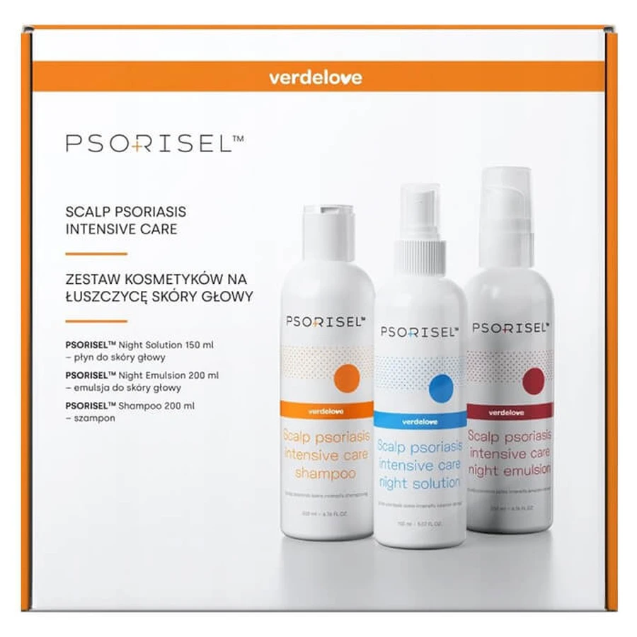 Verdelove Psorisel set per la psoriasi del cuoio capelluto, shampoo 200 ml + emulsione 200 ml + liquido 150 ml