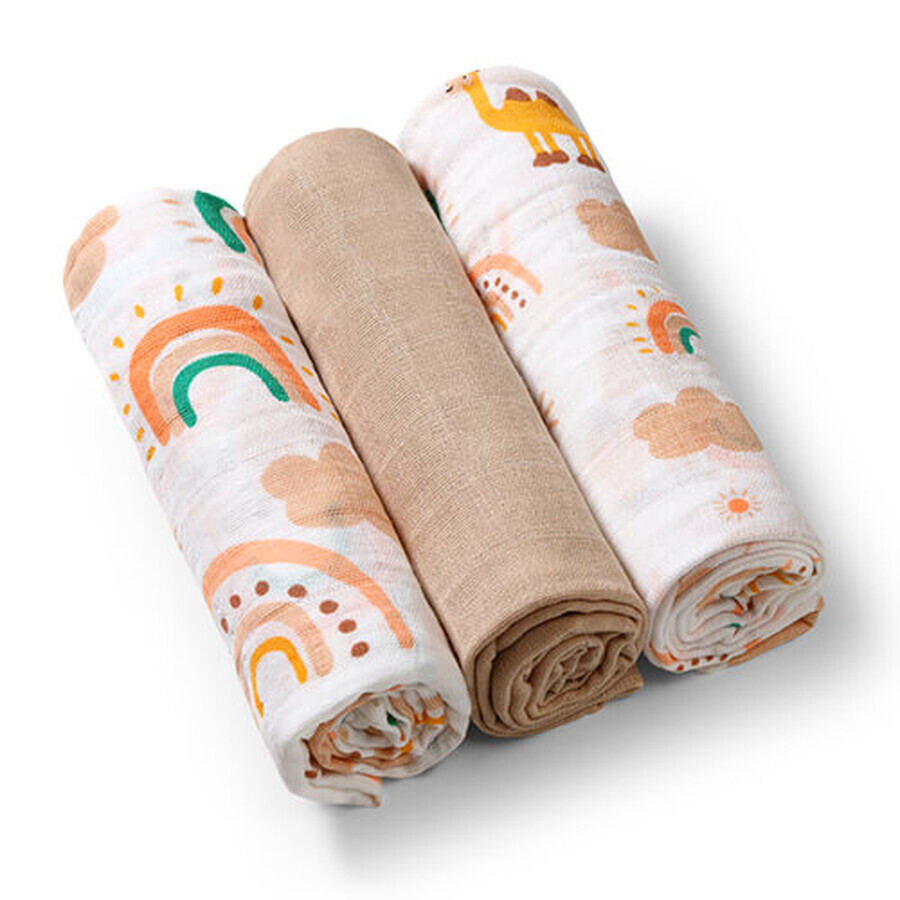 BabyOno, muslin diapers, 100% cotton, brown, 70 x 70 cm, 3 pcs