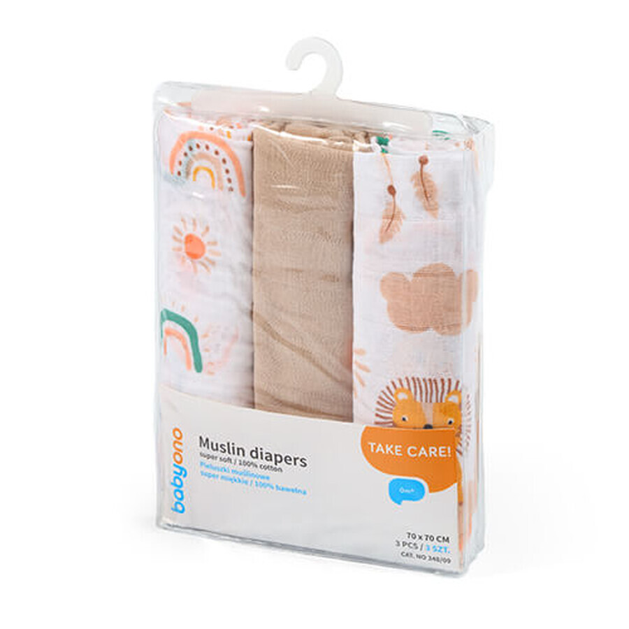 BabyOno, muslin diapers, 100% cotton, brown, 70 x 70 cm, 3 pcs