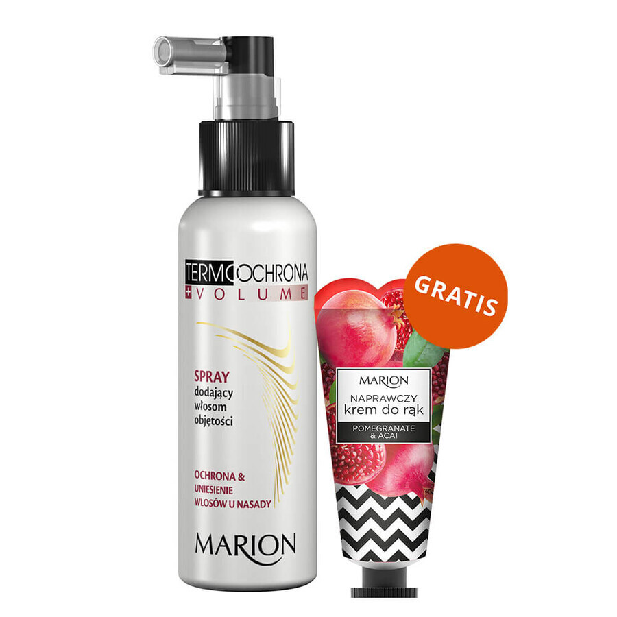 Marion Termoochrona, volumegevende spray, 130 ml + Granaatappel & Acai herstellende handcrème, 50 ml gratis