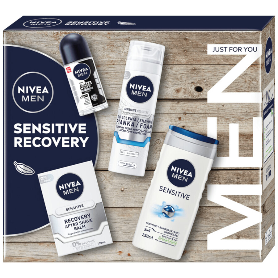 Set Nivea Men Sensitve Recovery, scheerschuim, 200 ml + aftershavebalsem, 100 ml + douchegel, 250 ml + anti-transpirant roll-on, 50 ml