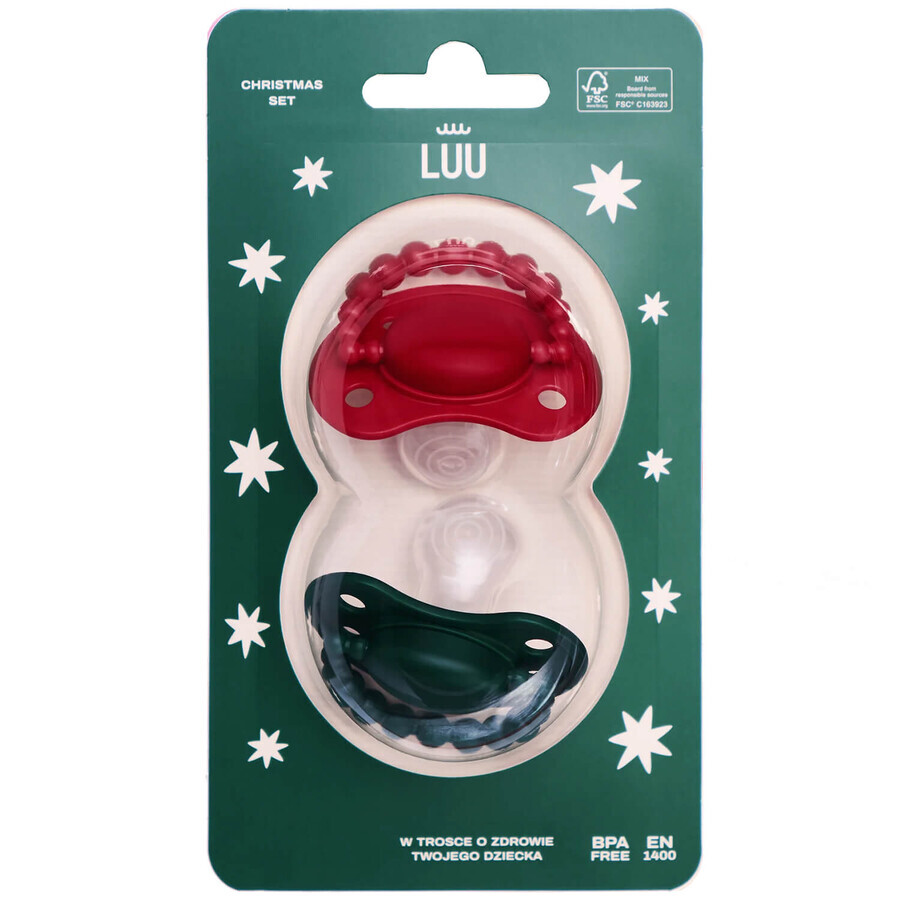 Luu Kids set, dummy, positioning, silicone, Holy Green & Santa Red, 3-6 months, 2 pieces