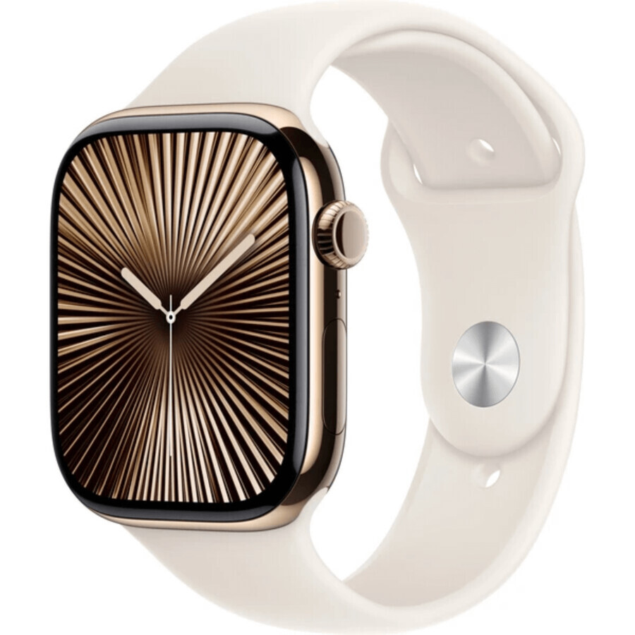 Apple Watch Series 10 GPS + Cellular 42 mm Gouden Titaniumbehuizing met Starlight Sportband - M/L