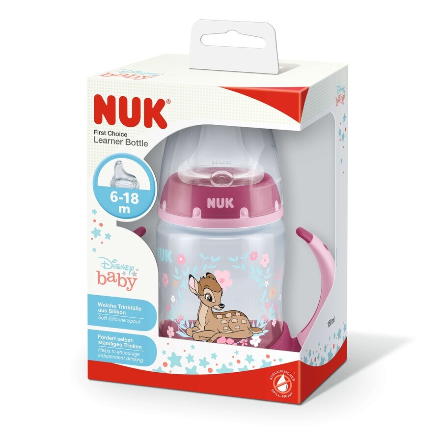 Biberon PP 150 ml cu toarte + tetina silicon de invatare 6-18 luni, First Choice Disney Bamby, Nuk