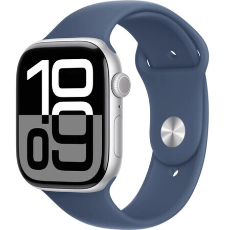 Apple Watch Series 10 GPS 46mm Zilveren aluminium behuizing met denim sportband - M/L