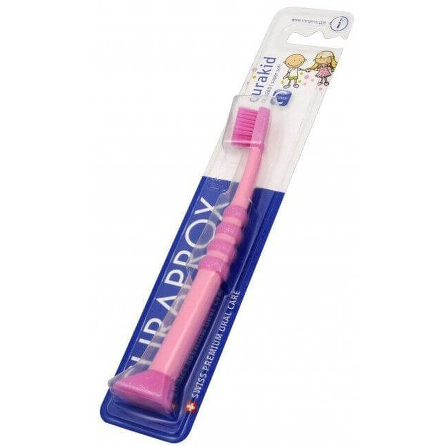 Brosse à dents Curaprox pour enfants de 0 à 4 ans, rose avec poils roses