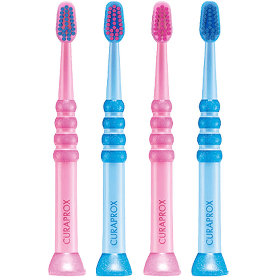 Brosse à dents Curaprox pour enfants de 0 à 4 ans, rose avec poils roses