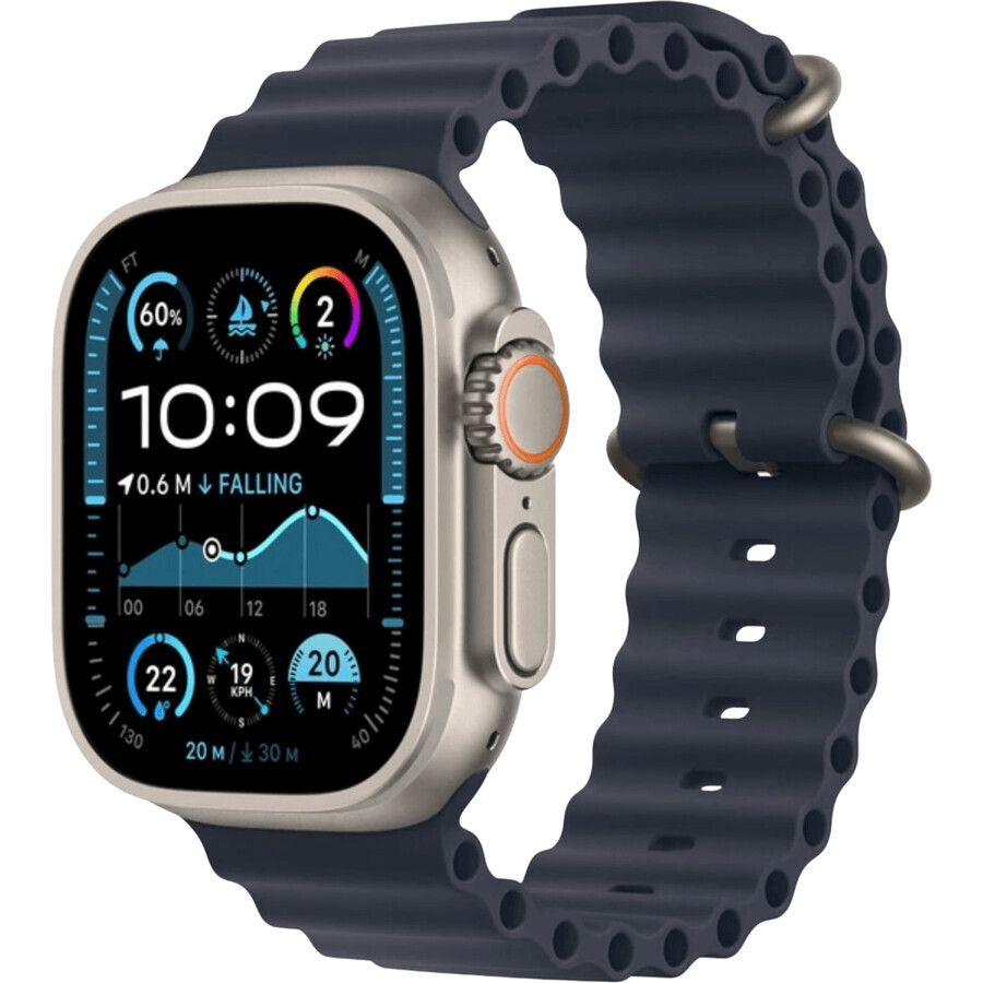 Apple Watch Ultra 2 (2024) 49 mm, natuurlijk titanium met marineblauw oceaan horlogebandje