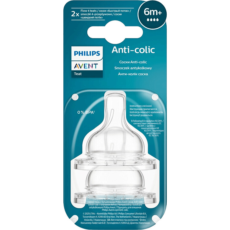 Philips Avent Anti-colic fopspeen voor fles nr.4, fast flow 6m+, 2 stuks