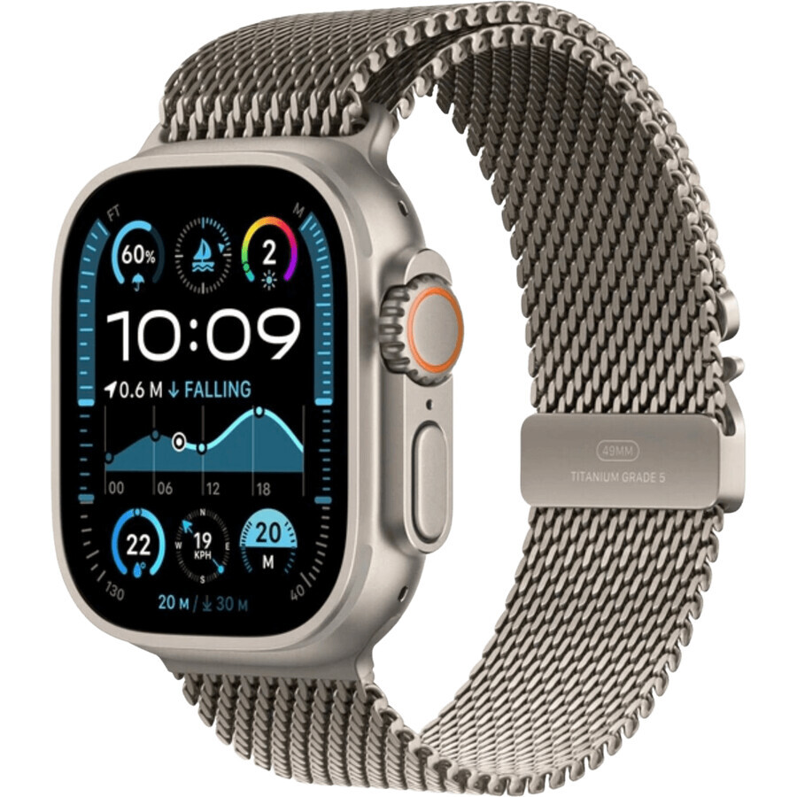 Apple Watch Ultra 2 (2024) 49 mm, natuurlijk titanium met Milanees handvat in natuurlijk titanium M