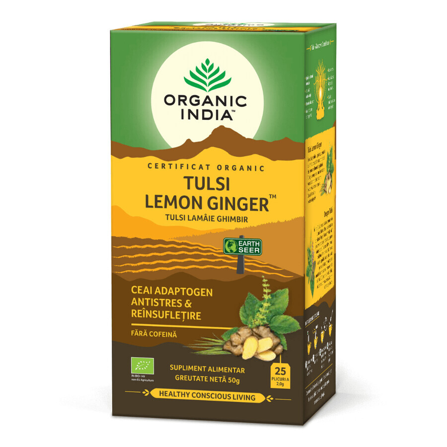 Tè biologico Tulsi con limone e zenzero, 25 bustine x 2 g, India biologica