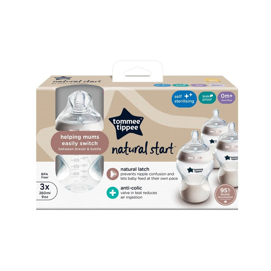 Biberon PP con autosterilizzazione Natural Start, 0 mesi+, 260 ml, 3 pz, Tommee Tippee