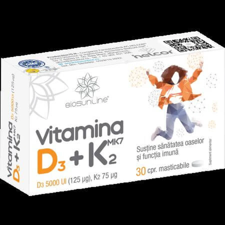 Vitamin D3 + K2, 30 chewable tablets, BioSunLine