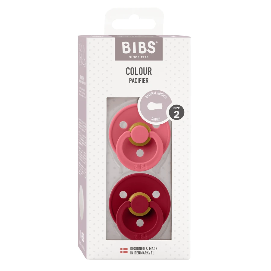 Bibs Colour, pacifier, rubber, round, size 2, Coral & Ruby, from 6 months, 2 pieces