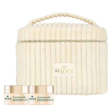 Set Nuxe Nuxuriance Gold, balsam de ochi iluminator, piele uscată, 2 x 15 ml + geantă cosmetică gratuită