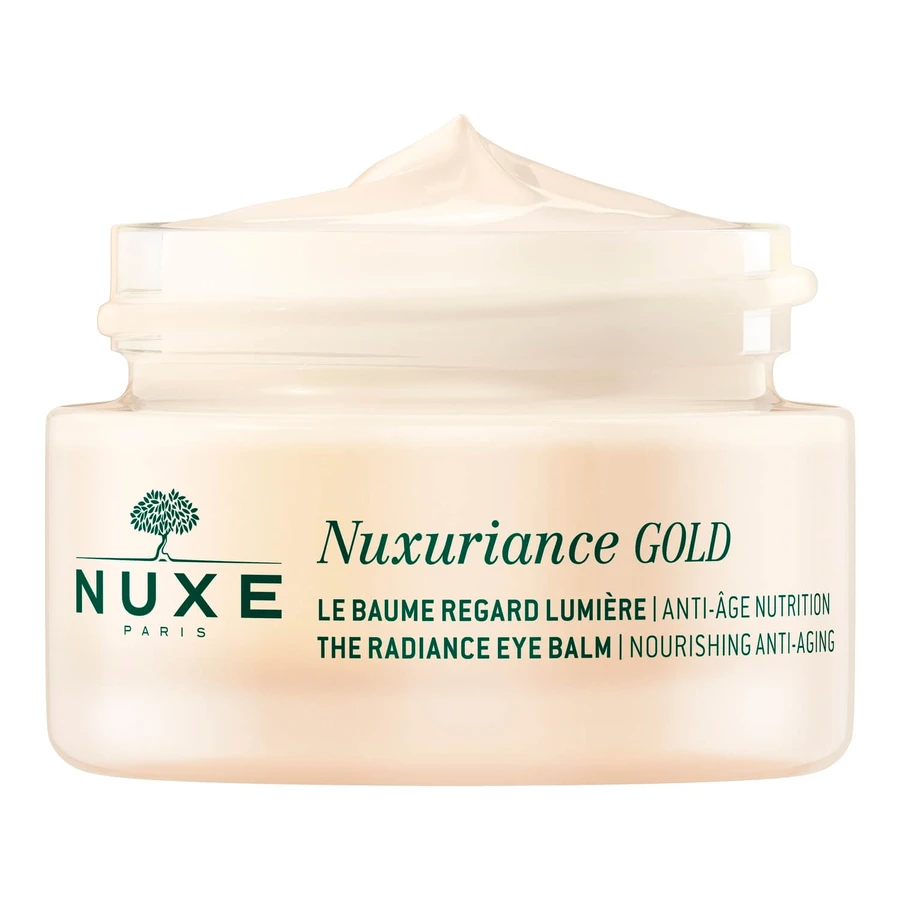 Set Nuxe Nuxuriance Gold, balsam de ochi iluminator, piele uscată, 2 x 15 ml + geantă cosmetică gratuită