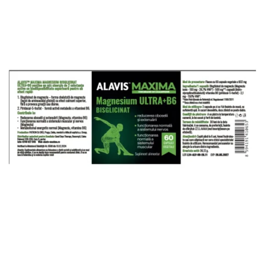 Magnesio bisglicinato Ultra+B6, 60 cápsulas vegetales, Alavis Maxima