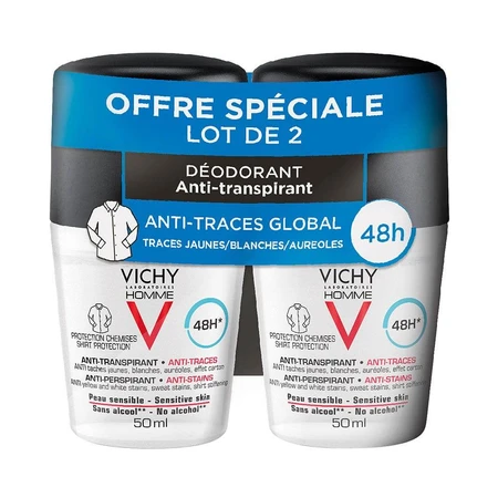 Deodorant pentru bărbați Vichy Antiperspirant și Anti-Trace 48h Roll-on 2x50ml